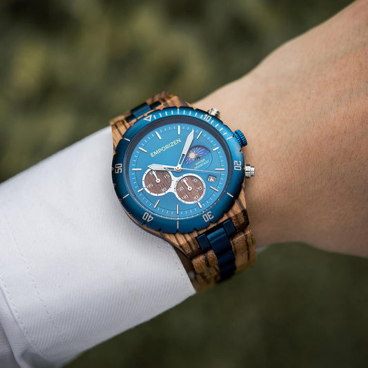 Blue Chronograph Wooden Watch for Men