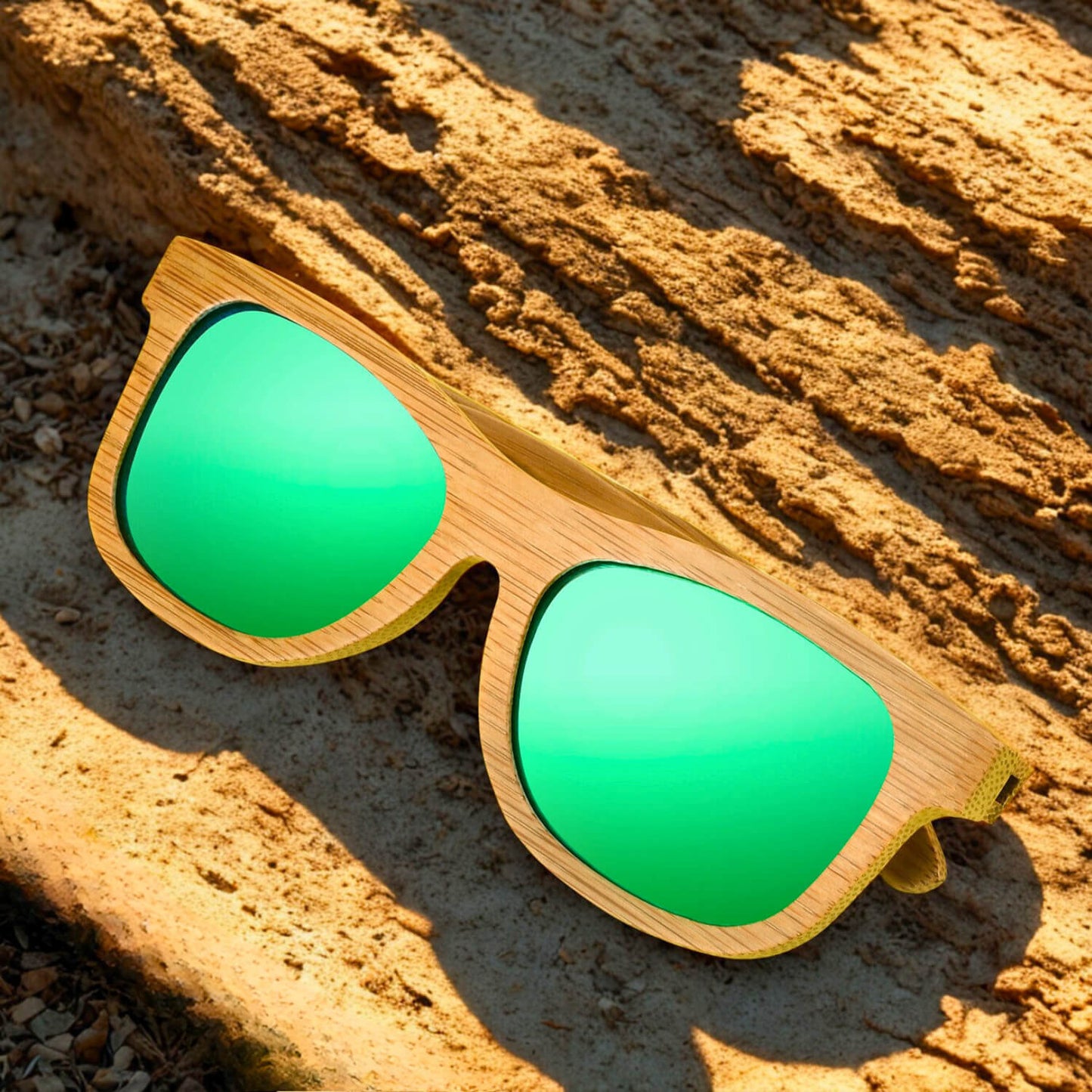 Beach Polarized Green sunglasses with wooden frame on a textured stone surface