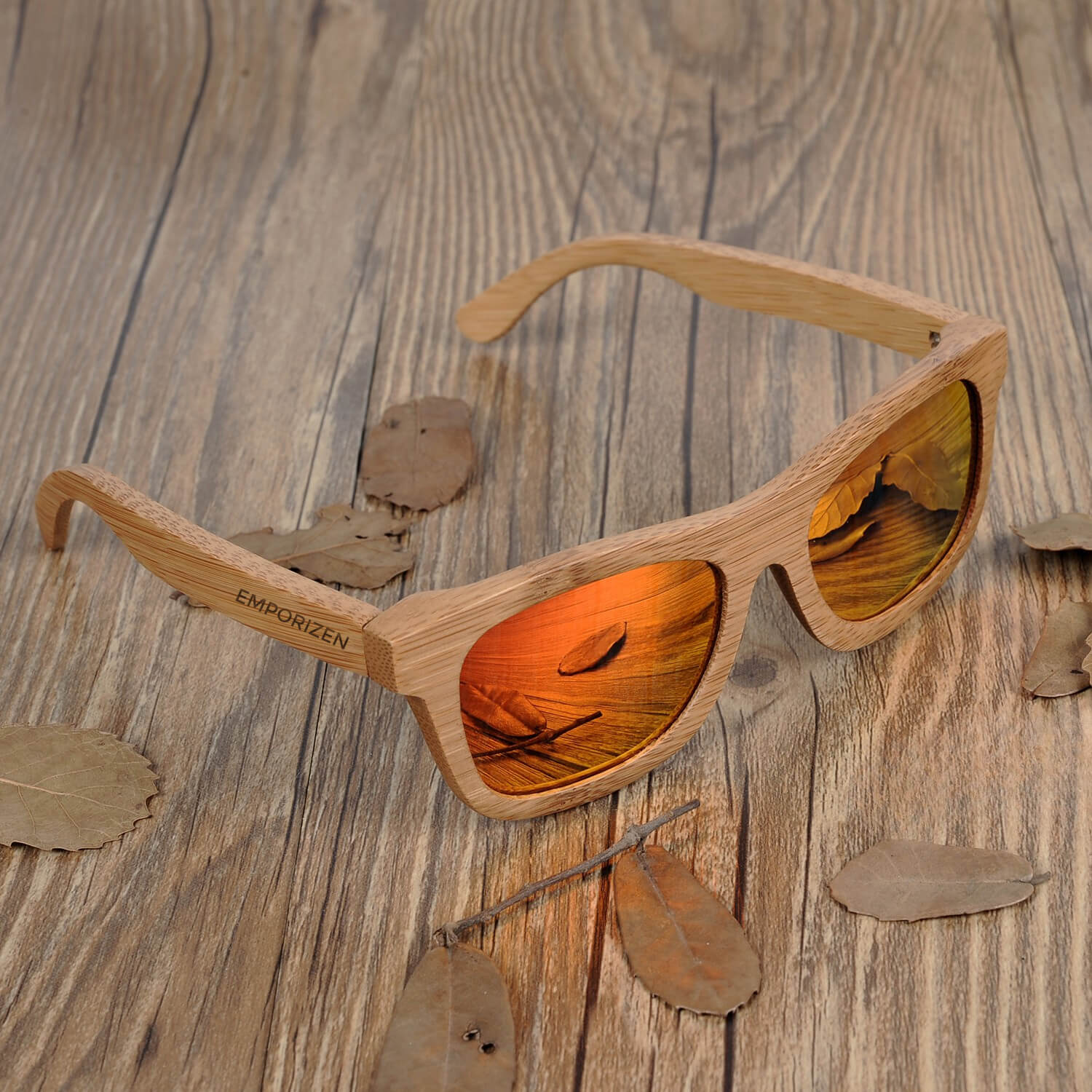Eco-Friendly Polaried Bamboo sunglasses with orange lenses