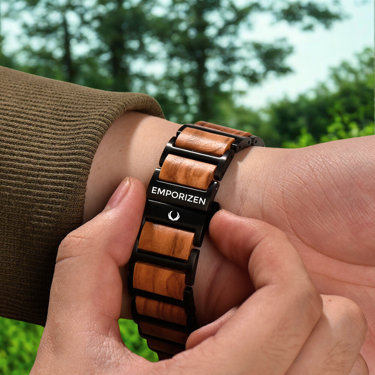 Man wearing Natural Wood Apple Watch Band on his wrist