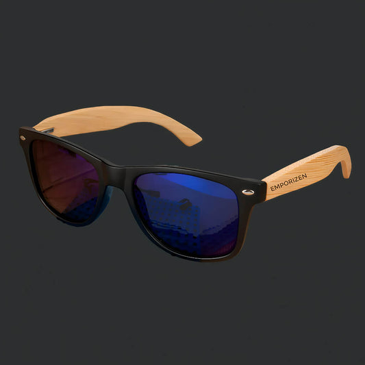Plastic Bamboo Sunglasses with Blue Lenses