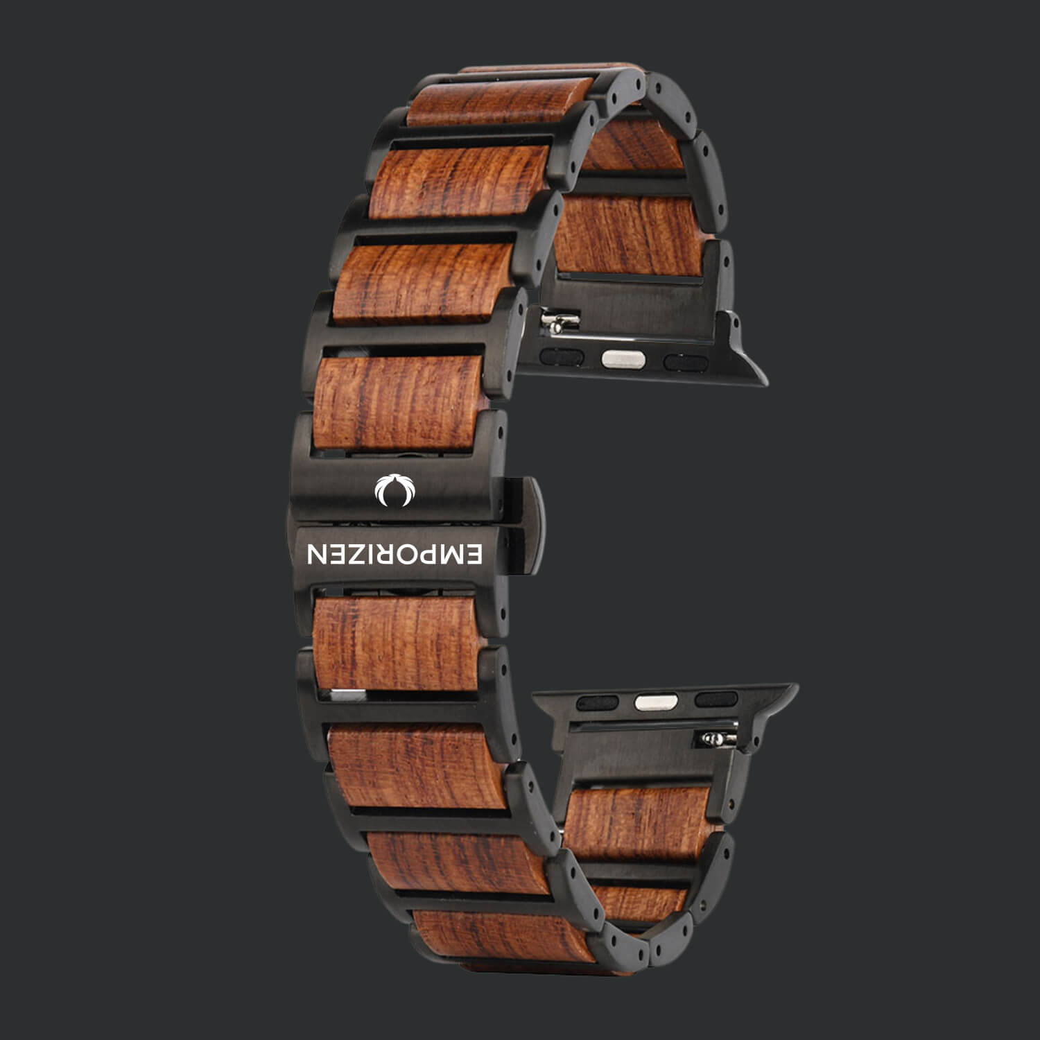 Premium sustainable Wooden apple watch strap with black metal clasp on a dark background