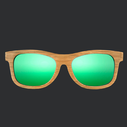 Summer Polarized Bamboo sunglasses with green lenses on a black background
