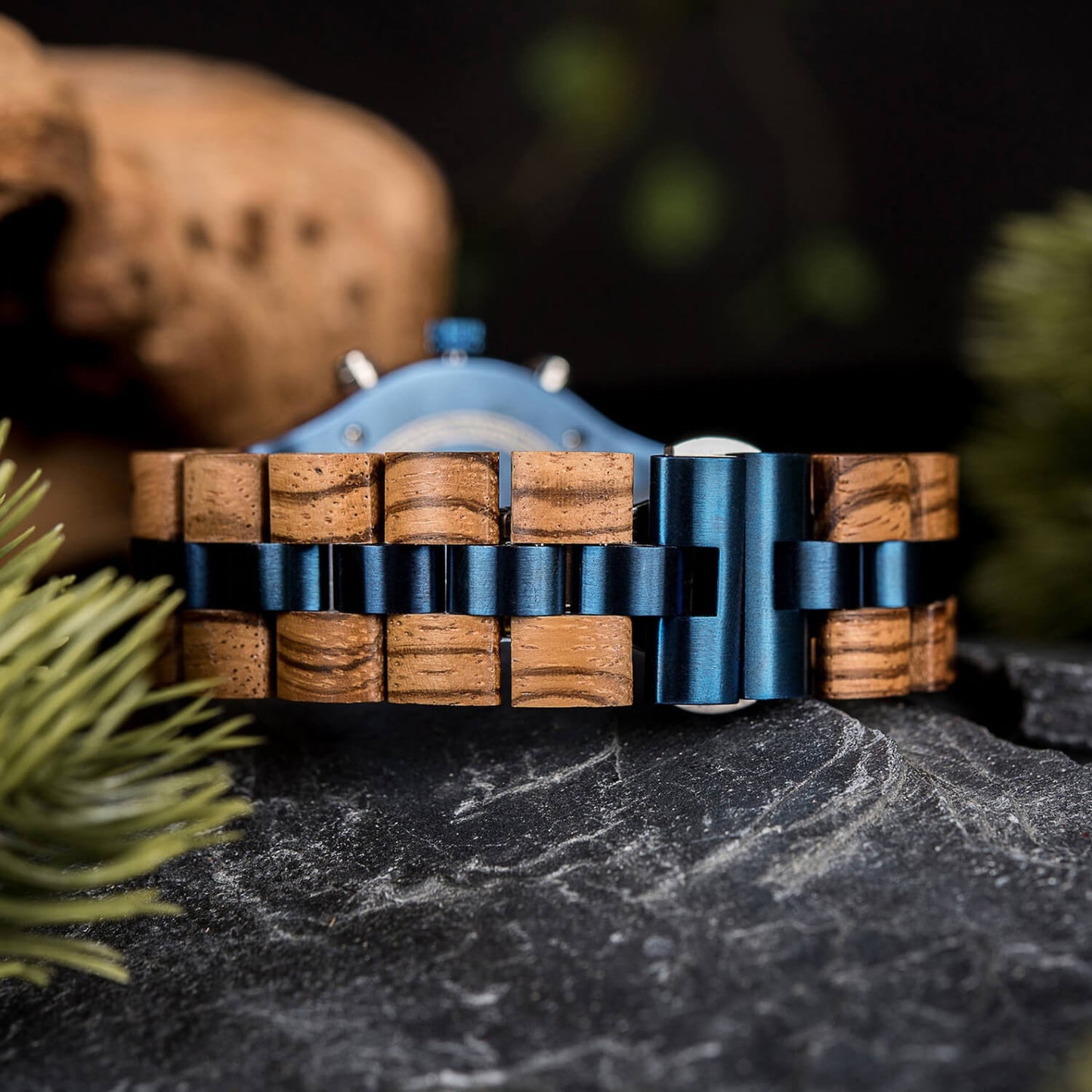Detailed strap clasp view of the Terra Blue Men's Chronograph Wood Watch