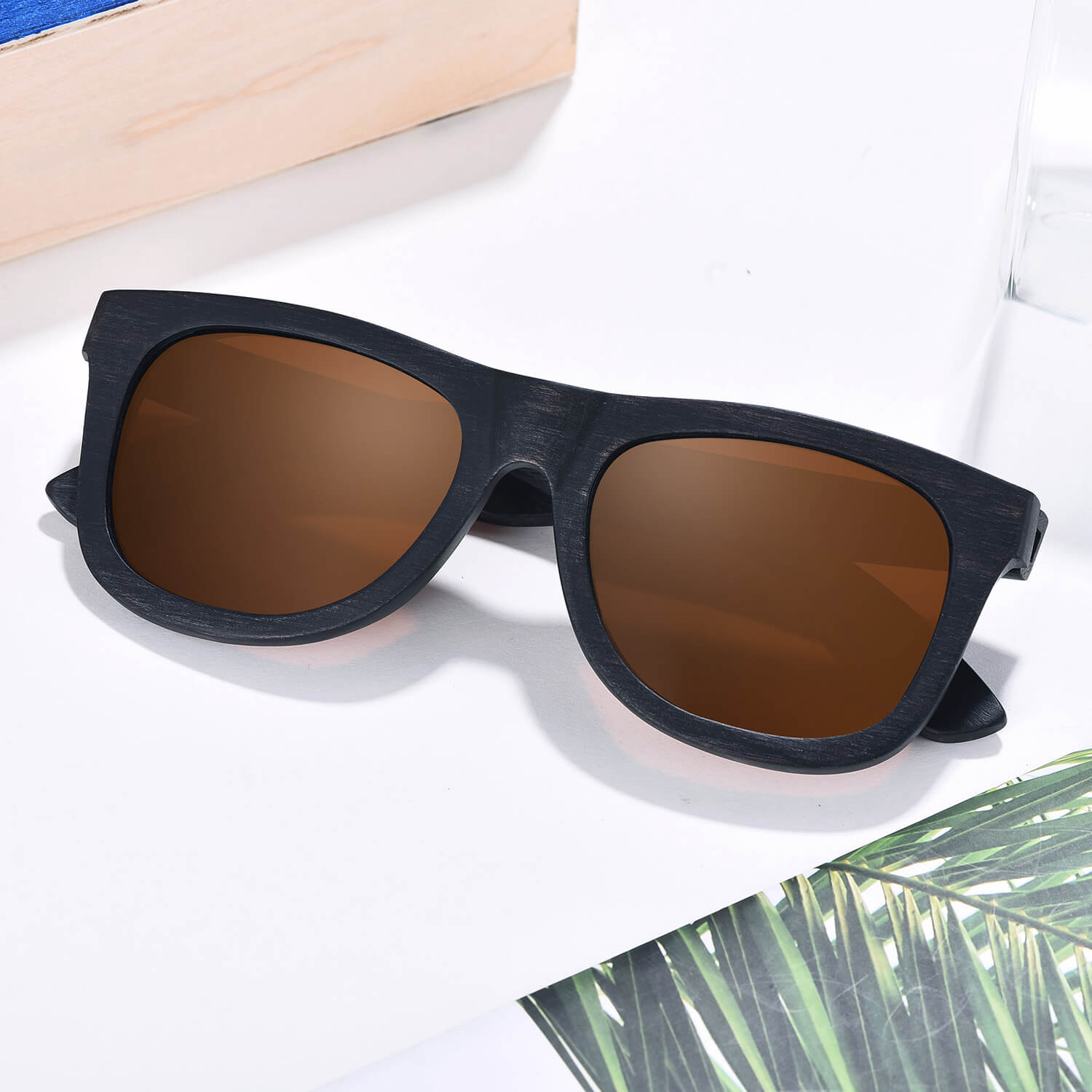 Unique Unisex Polarized Black Wood Sunglasses with brown lenses