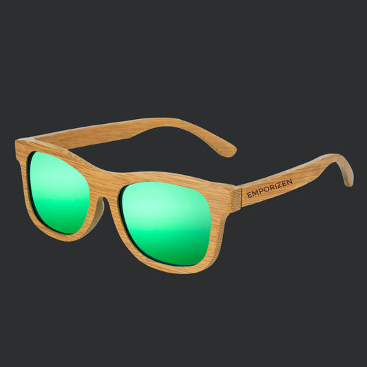 UV400 Polarized Bamboo sunglasses with green lenses on a black background