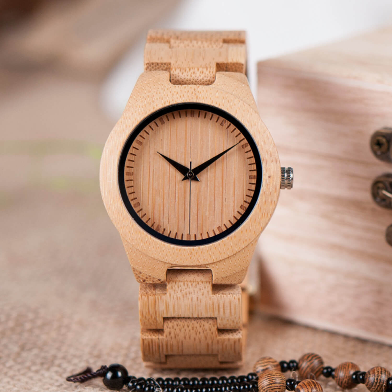 Front view of Kyoto Zen Womens Minimalist Bamboo Wood Wrist Watch