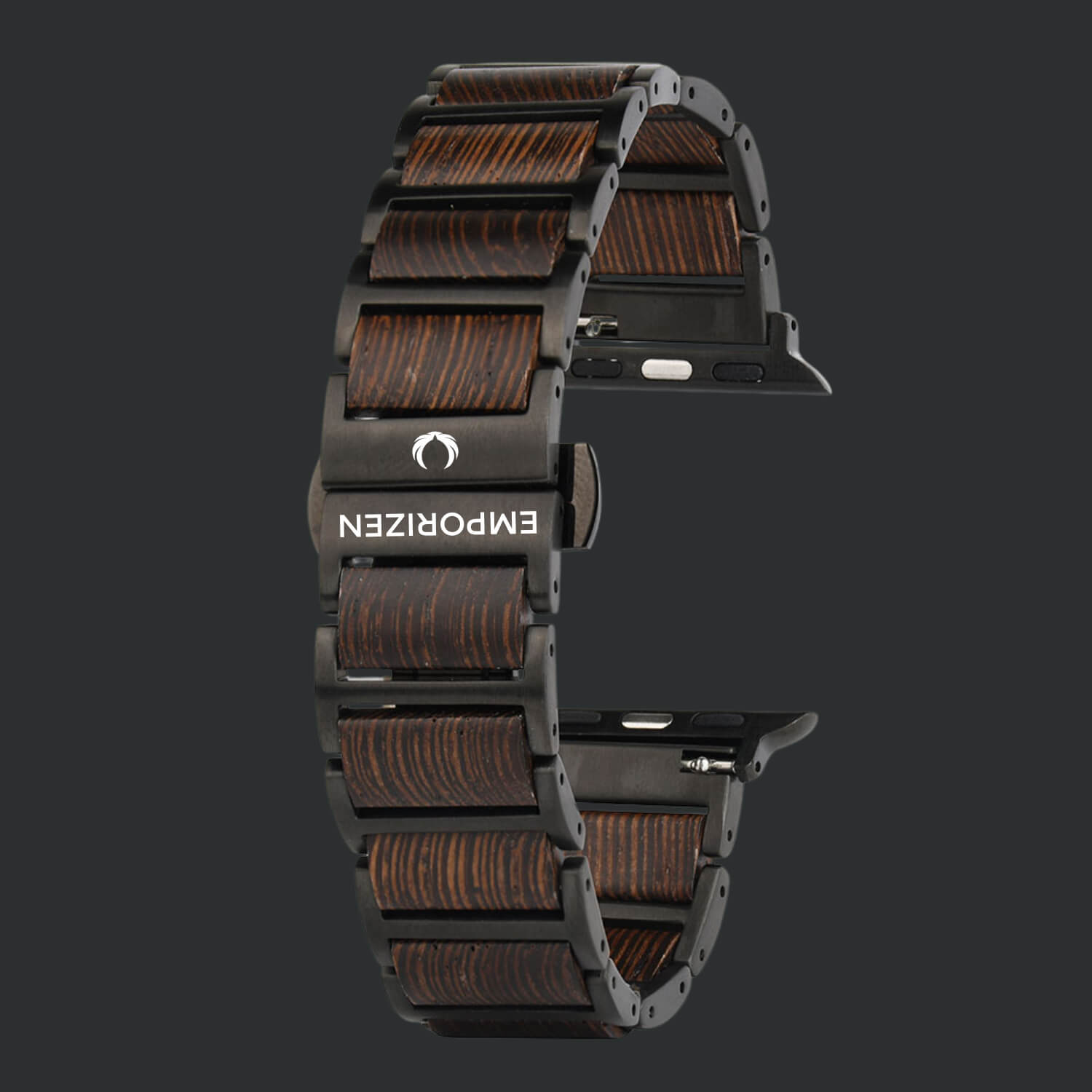 Wooden apple watch strap with metal clasp on a black background