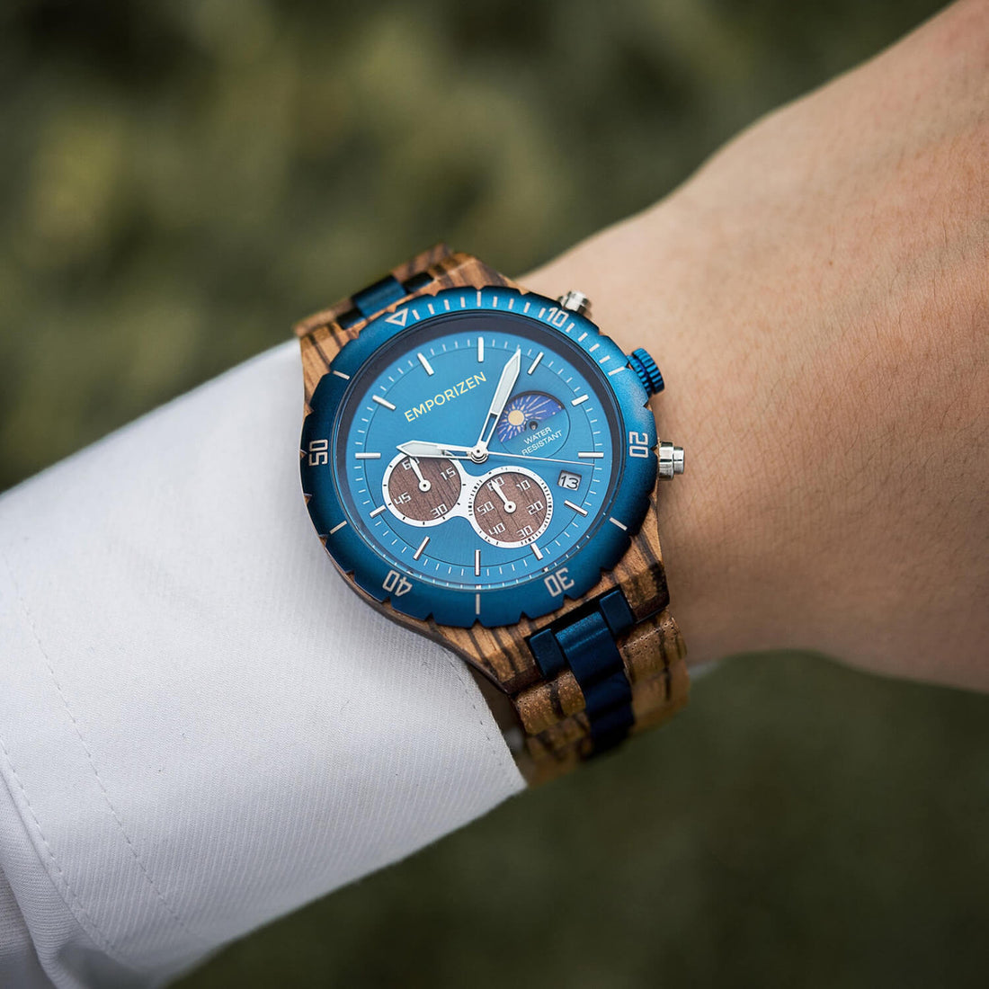 Blue Chronograph Wooden Watch for Men