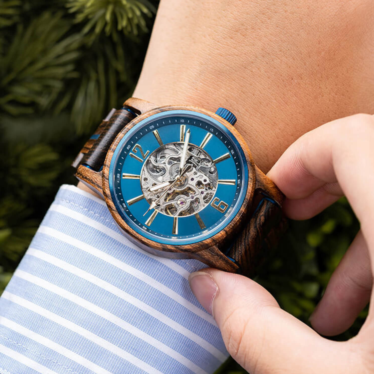 Mens Automatic Wooden Watch Oceanus Blue
