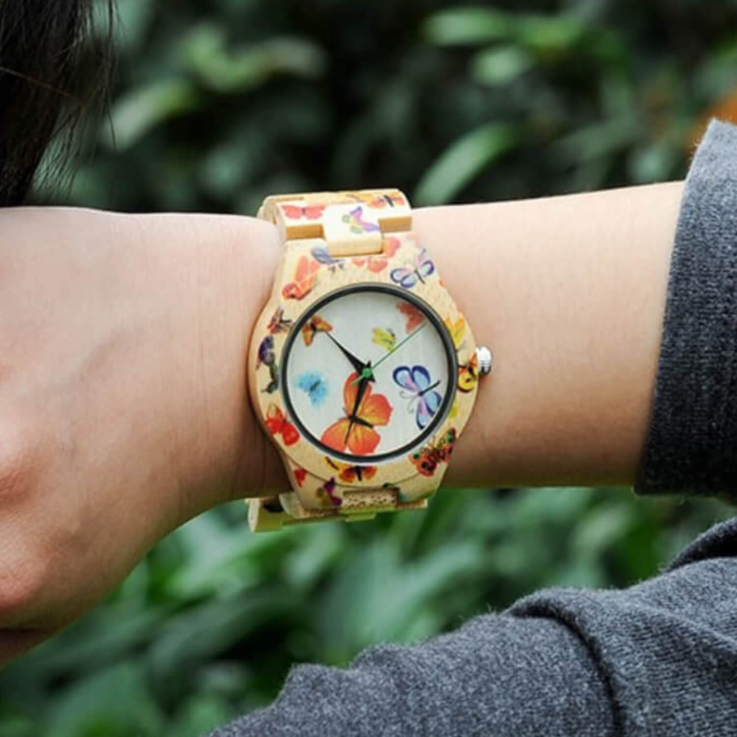 Womens Bamboo Watch with Butterfly Pattern