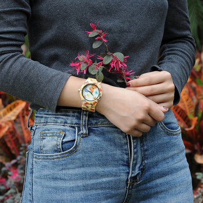 Girlfriend wearing Kyoto Zen 3 Womens Bamboo Wood Watch with Butterfly Design on her wrist