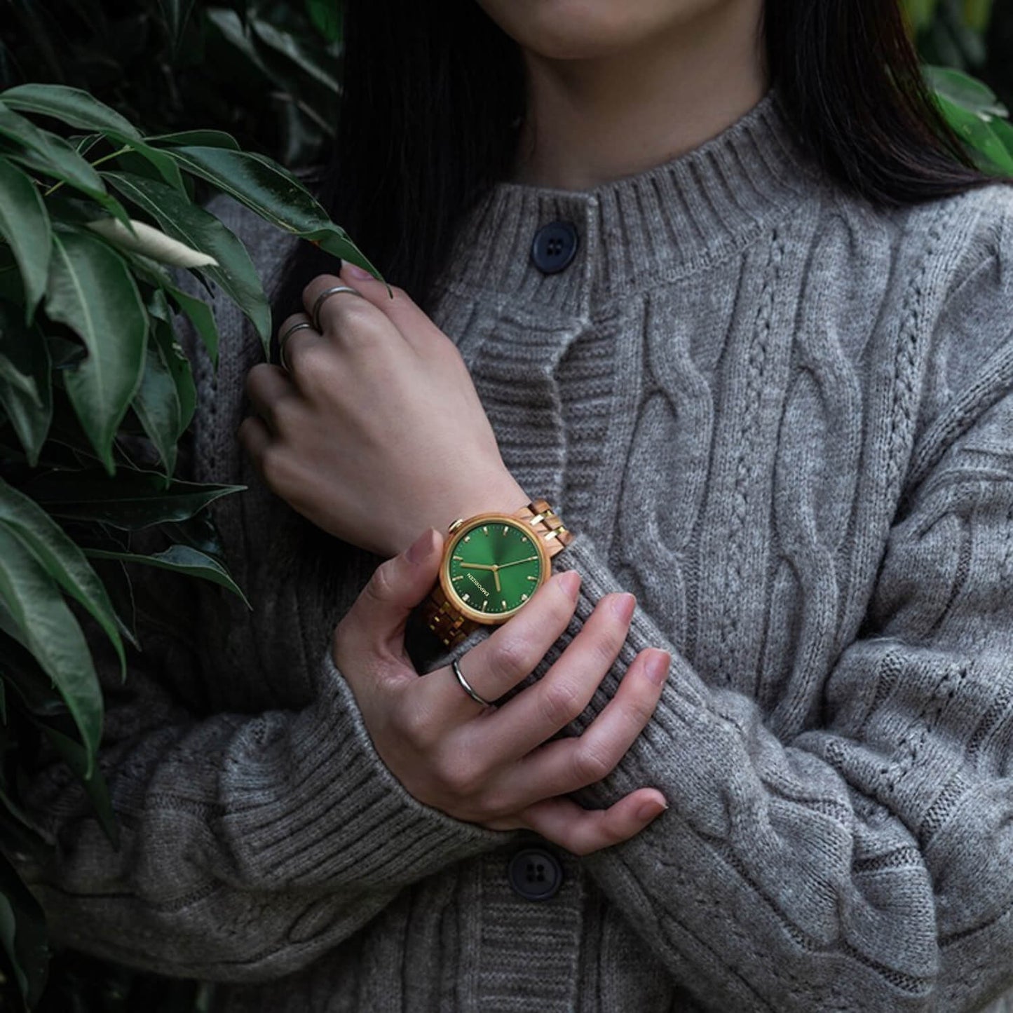 Mother wearing 38mm Custom Wooden Watch for Women Queen Emerald on her wrist