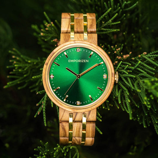 Front view of 38mm Custom Wooden Watch for Women Queen Emerald