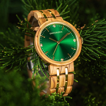 Front view of 38mm Custom Wooden Watch for Women Queen Emerald