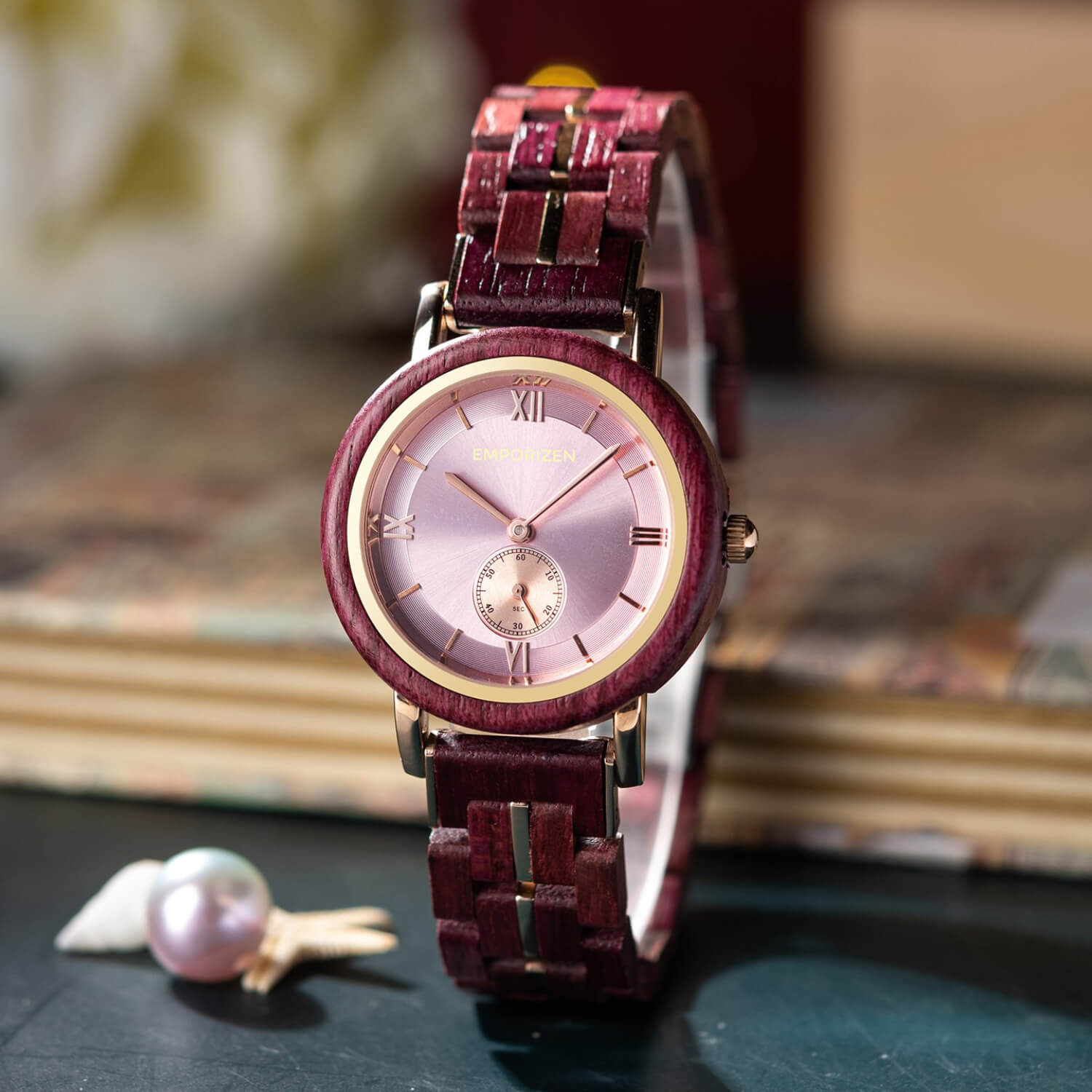 Front view of Eco Friendly Ladies Wooden Watch Morganite