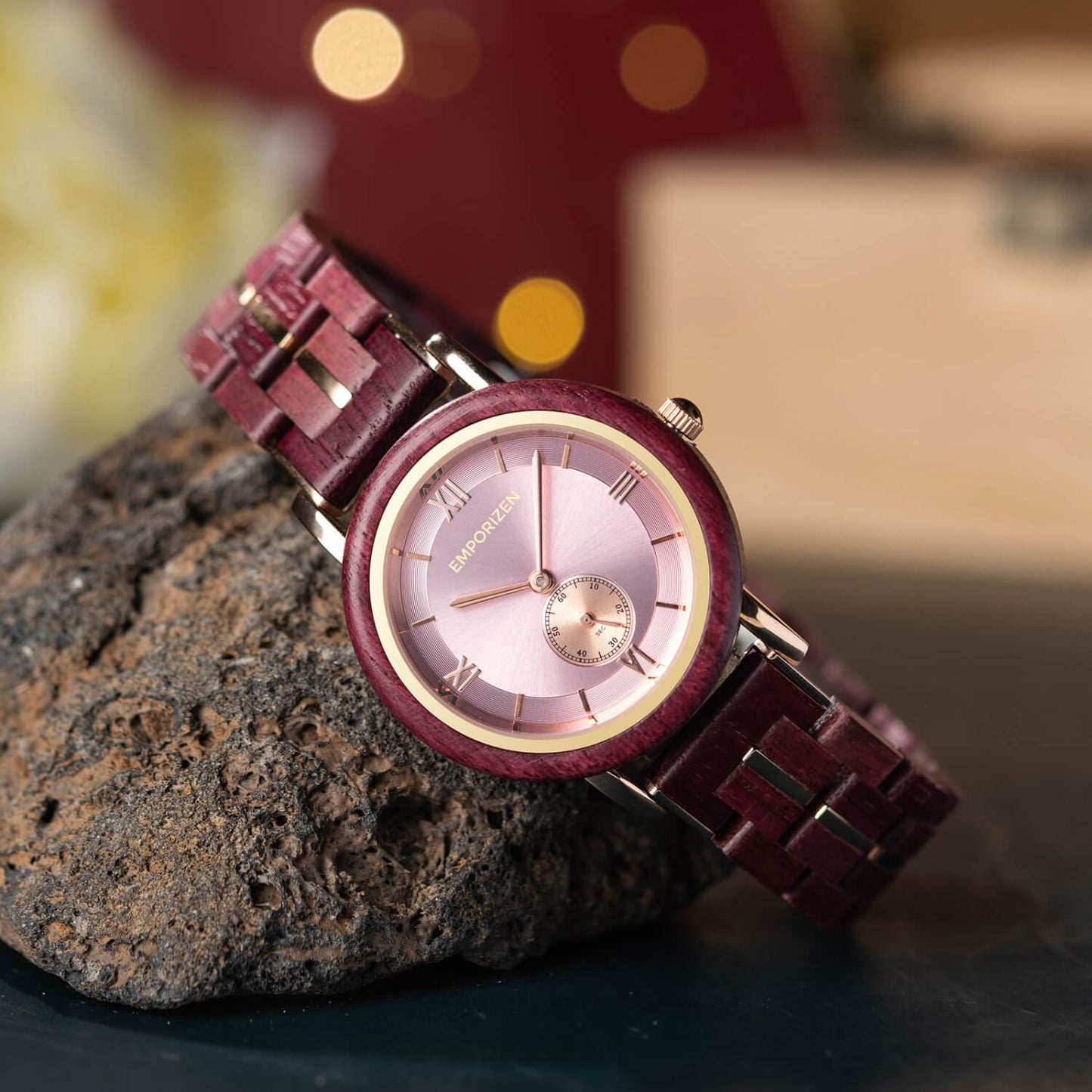 Front view of Eco Friendly Wife Wooden Watch Morganite