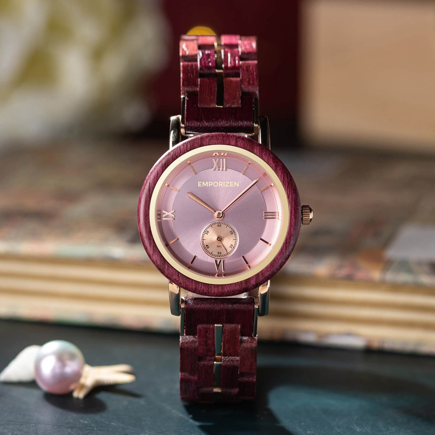 Front view of Eco Friendly Womens Wooden Watch Morganite