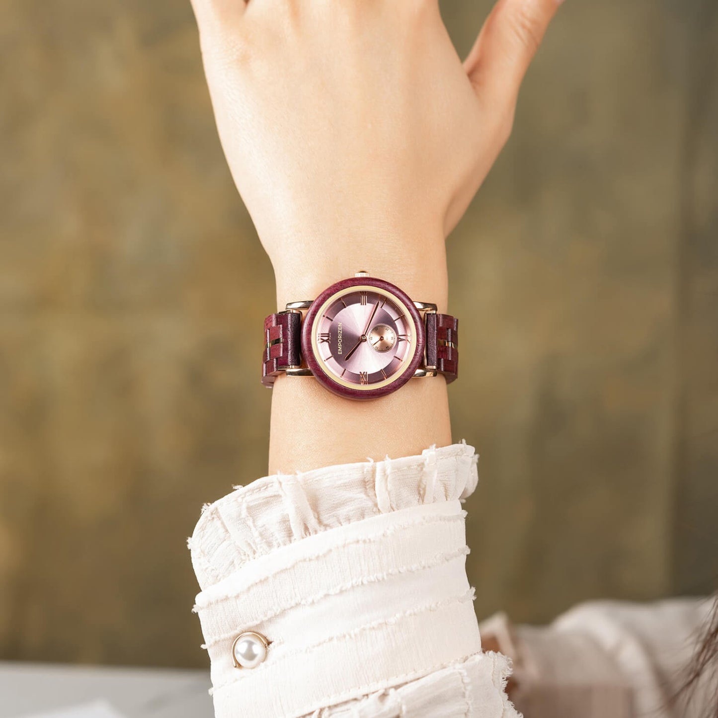 Lady wearing Eco Friendly Womens Wooden Watch Morganite on her wrist