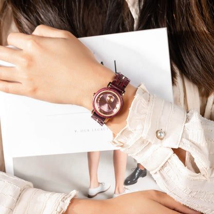 Wife wearing Eco Friendly Womens Wooden Watch Morganite on her wrist