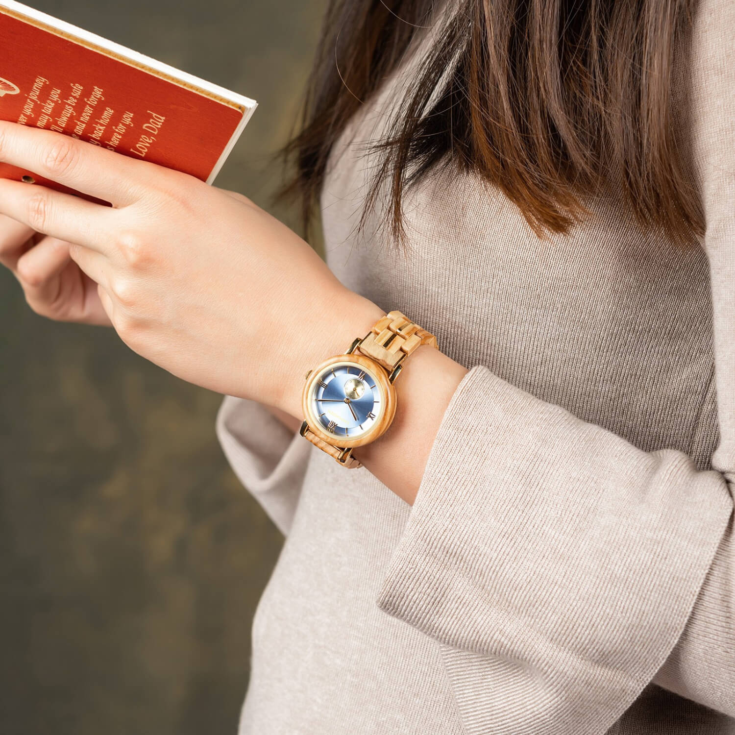 Woman wearing Sapphire Elegant Womens Natural Wood Watch on her wrist