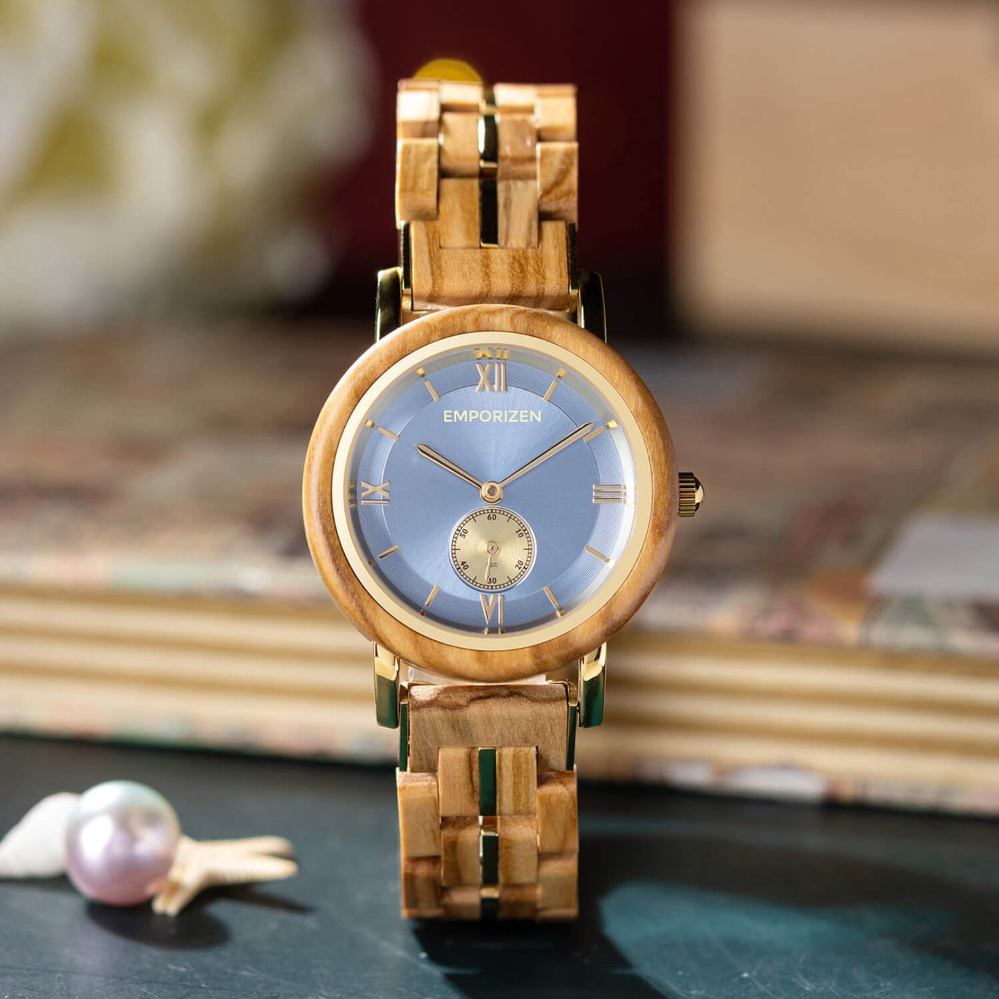 Front view of Sapphire Elegant Womens Natural Wood Watch