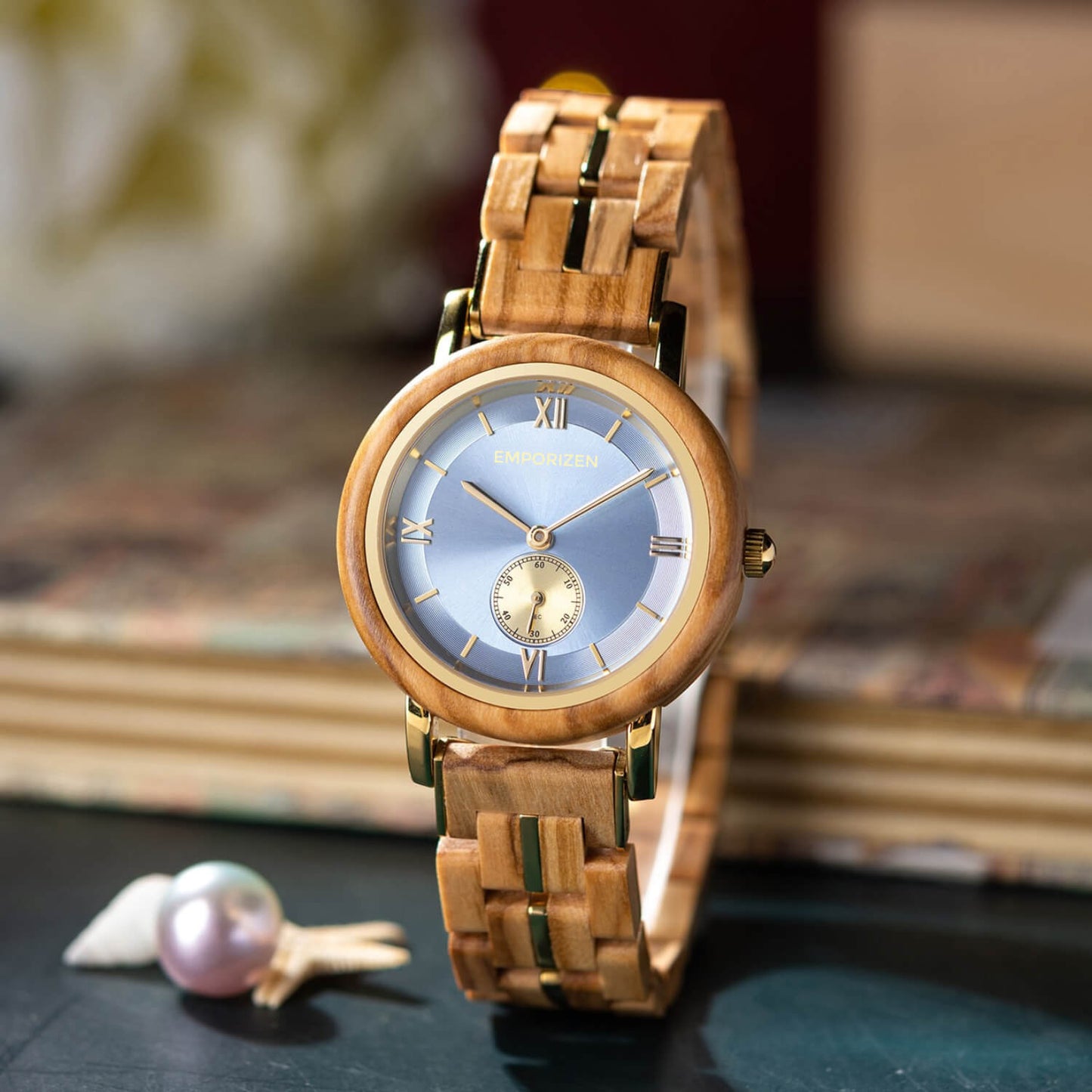 Front view of Sapphire Elegant Womens Natural Wood Watch