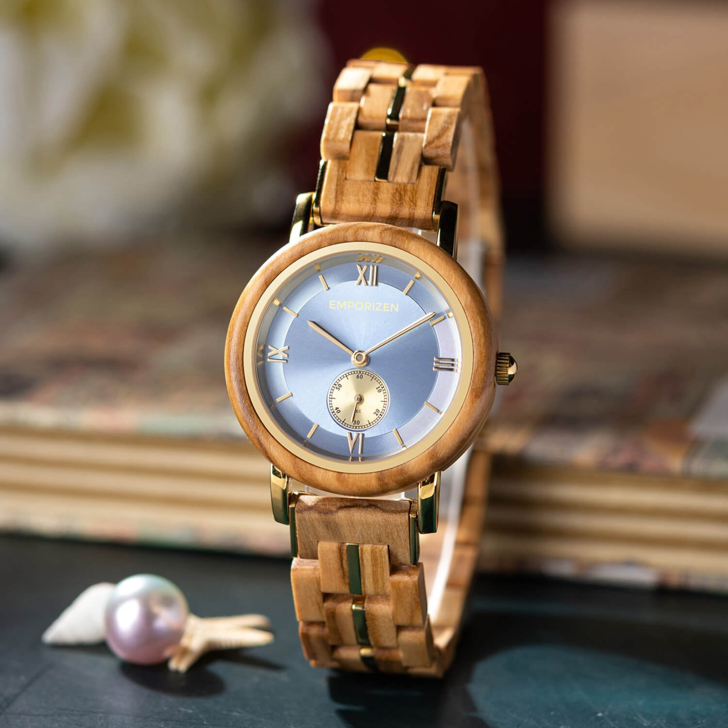 Front view of Sapphire Elegant Womens Natural Wood Watch