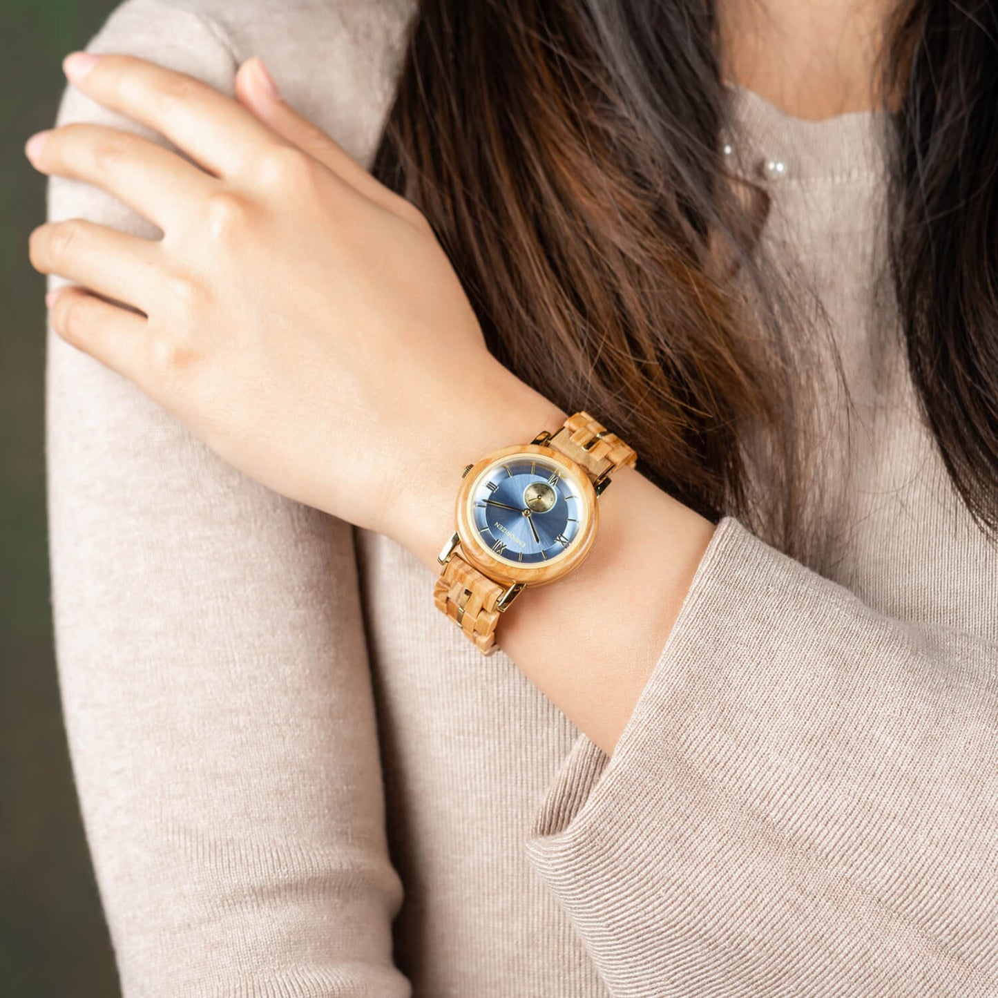 Girlfriend wearing Sapphire Elegant Womens Natural Wood Watch on her wrist