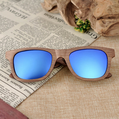 Handcrafted wood grain sunglasses for men and women with polarized blue lenses