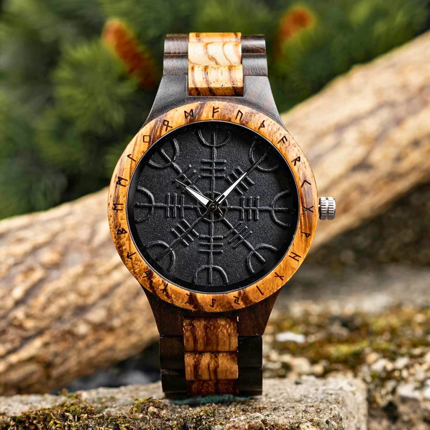 Front view of Helm of Awe Men's Viking Wooden Wrist Watch