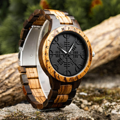 Front view of Helm of Awe Men's Viking Wooden Wrist Watch