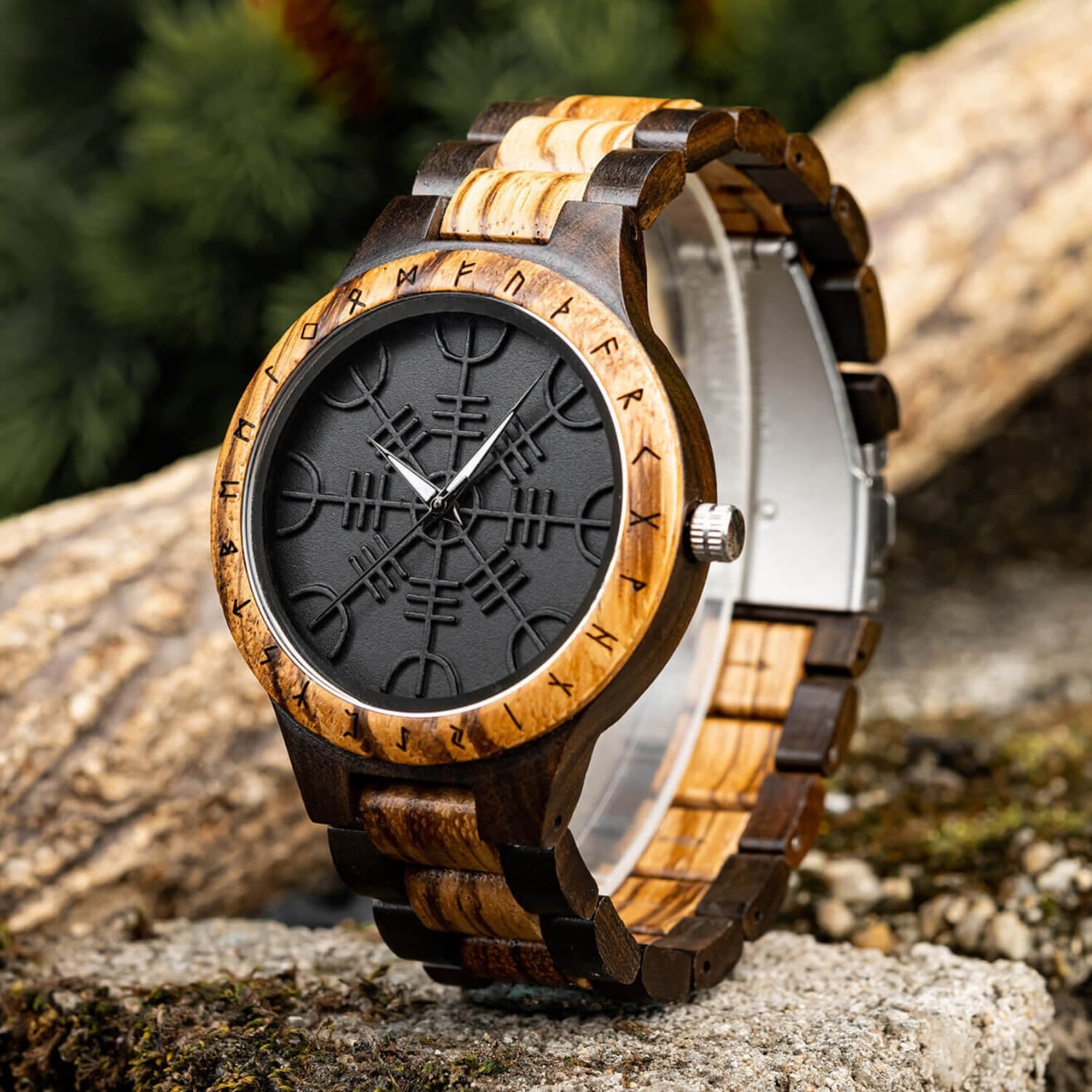 Front view of Helm of Awe Men's Viking Wooden Wrist Watch