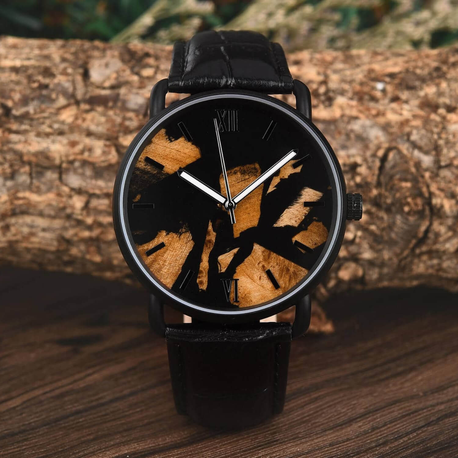 Front view of Imperium Black Men's Resin Leather Watch with Roman Numerals