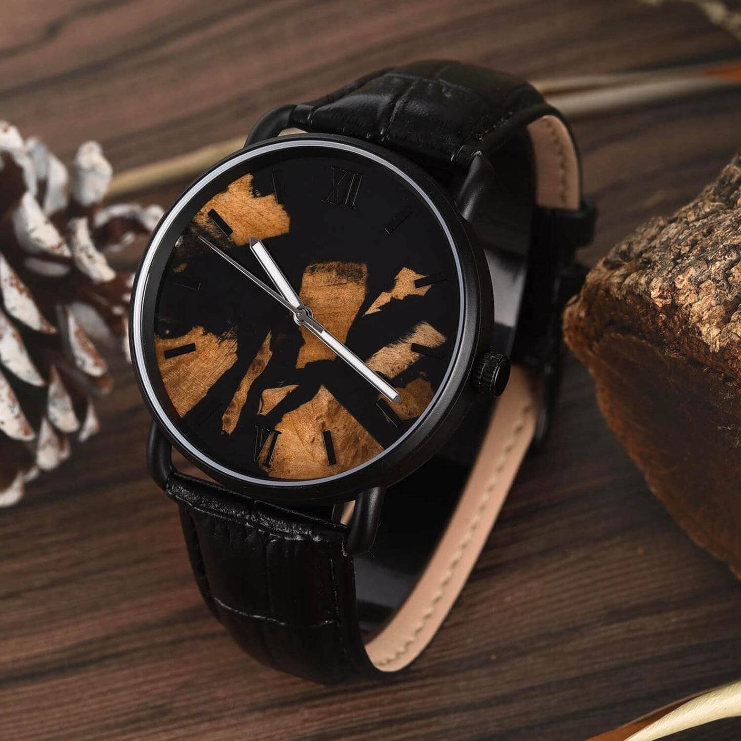 Front view of Imperium Black Men's Resin Leather Watch with Roman Numerals