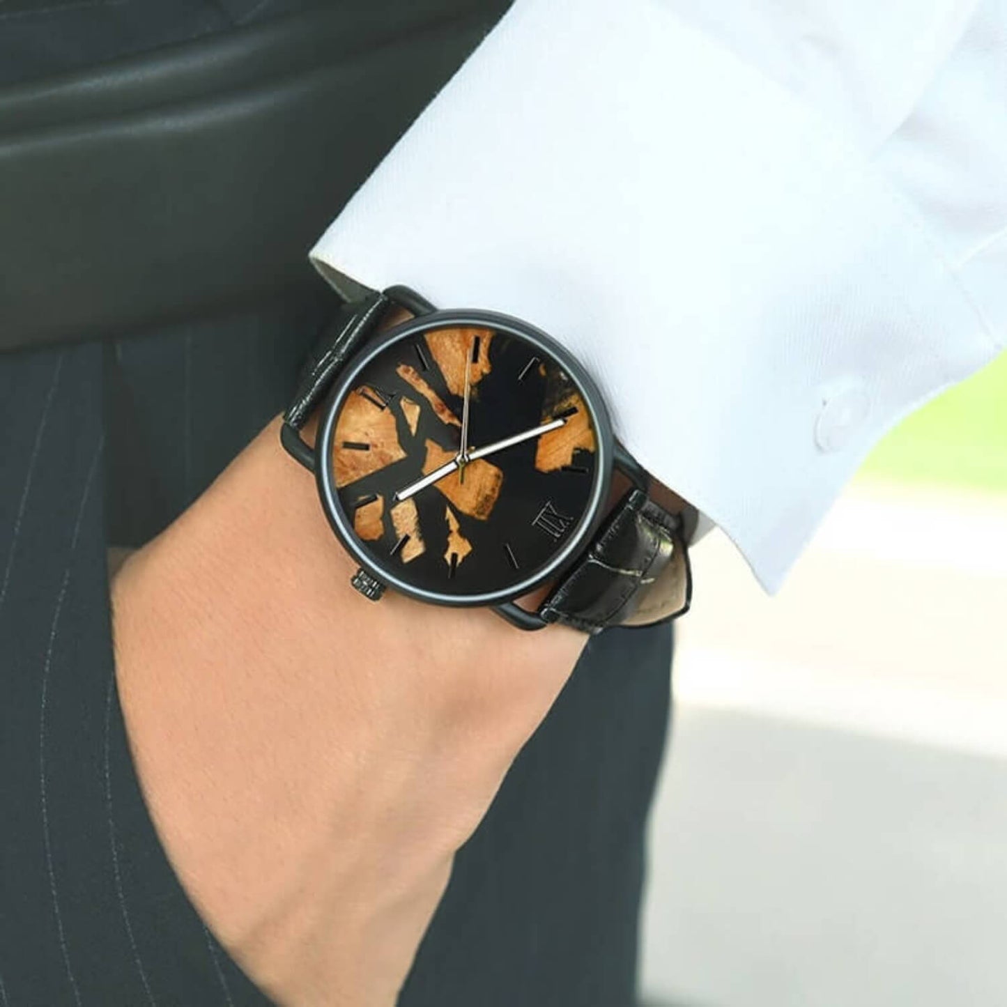 Groomsman wearing Imperium Black Men's Resin Leather Watch on his wrist