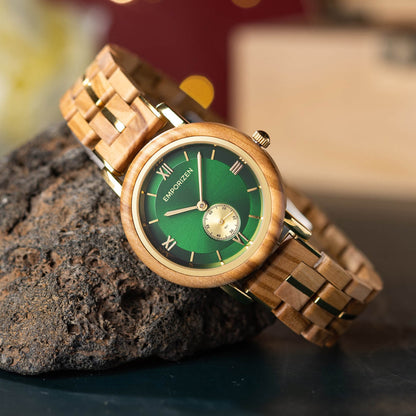 Front view of Luxury Female Wooden Watch Emerald