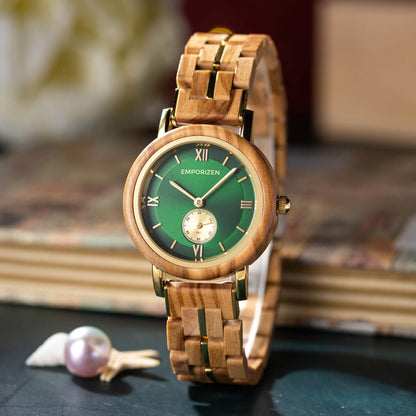 Front view of Luxury Ladies Wooden Watch Emerald