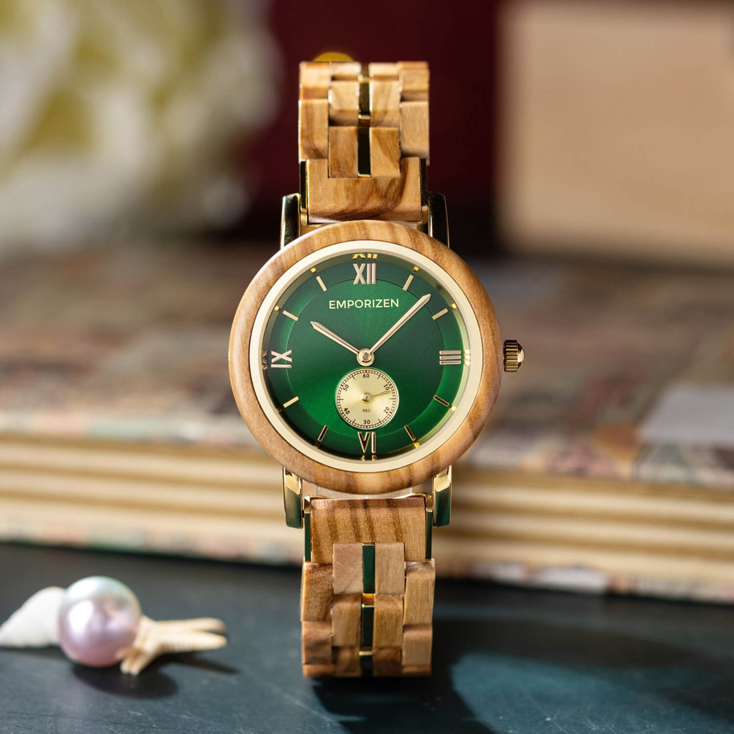 Front view of Luxury Womens Wooden Watch Emerald