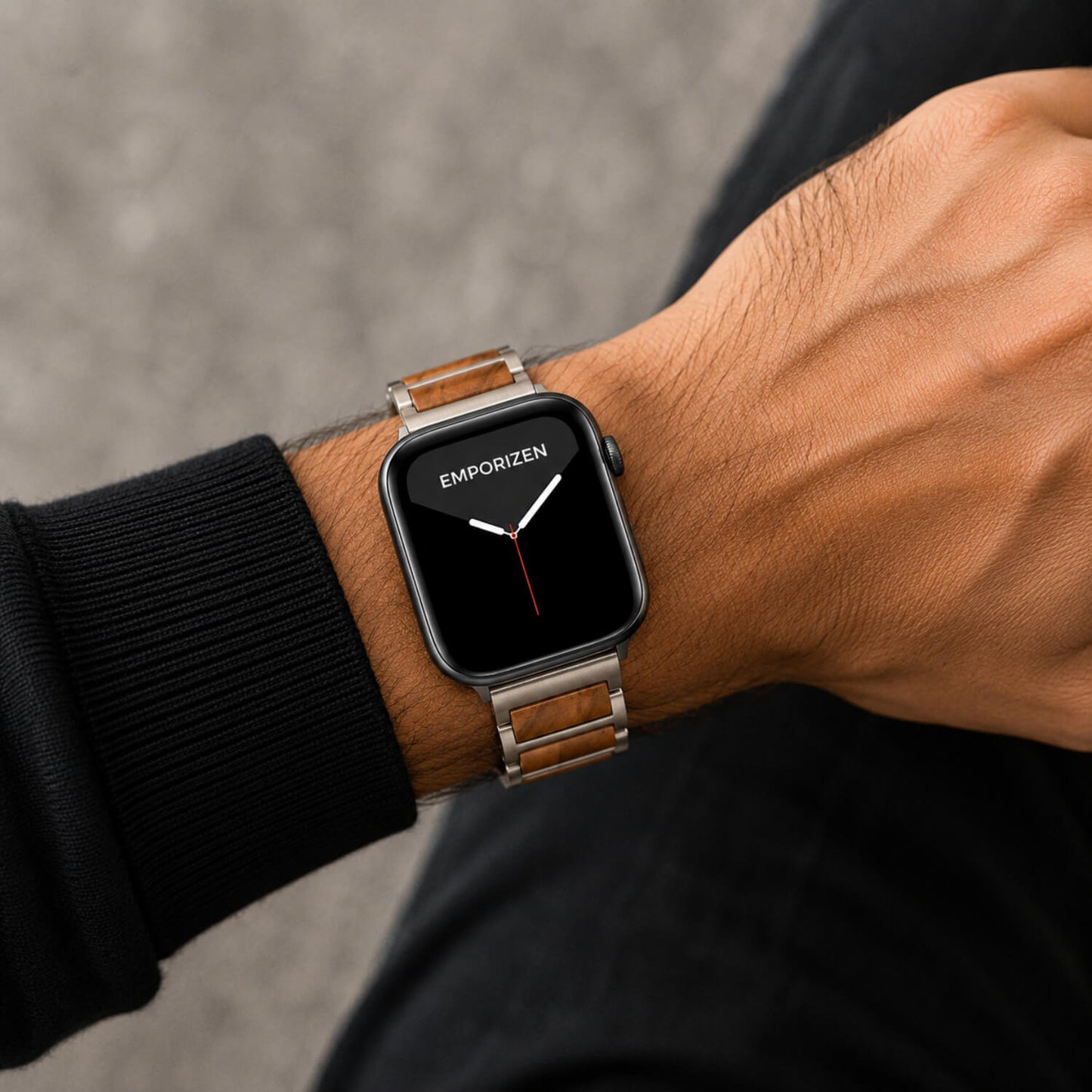 Man wearing a luxury sustainable wooden and metal apple watch