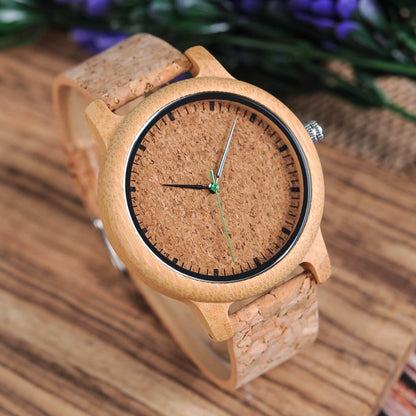 Front view of Kyoto Zen 2 Mens Bamboo Wood Wrist Watch with Cork Strap