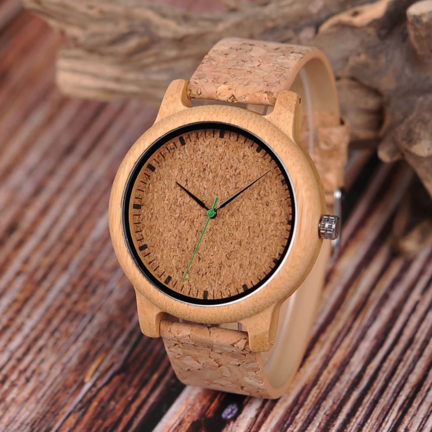 Front view of Kyoto Zen 2 Mens Bamboo Wood Wrist Watch with Cork Strap