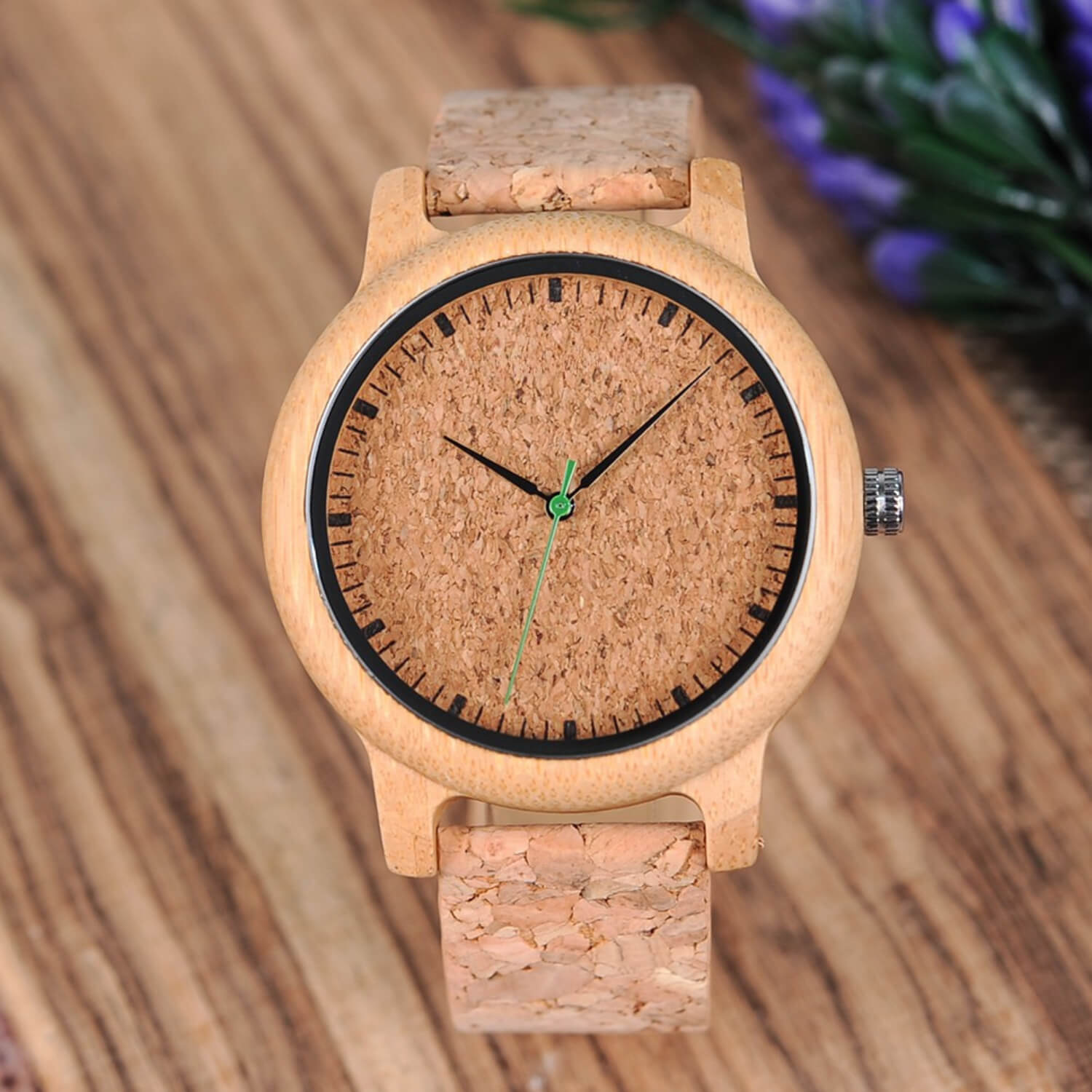 Front view of Kyoto Zen 2 Mens Bamboo Wood Wrist Watch with Cork Strap