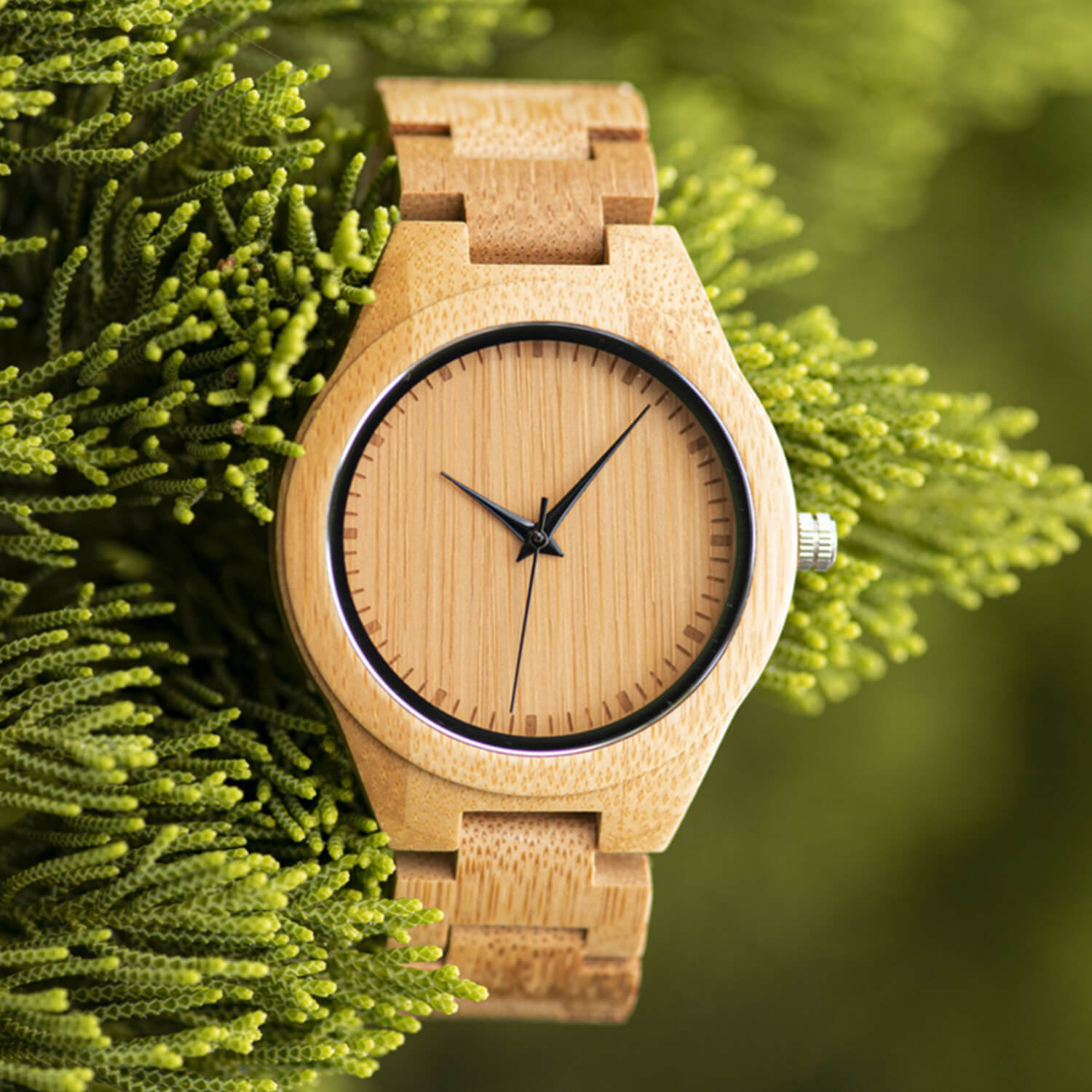 Front view of Kyoto Zen Mens Minimalist Bamboo Wood Wrist Watch