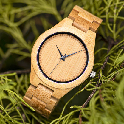 Front view of Kyoto Zen Mens Minimalist Bamboo Wood Wrist Watch