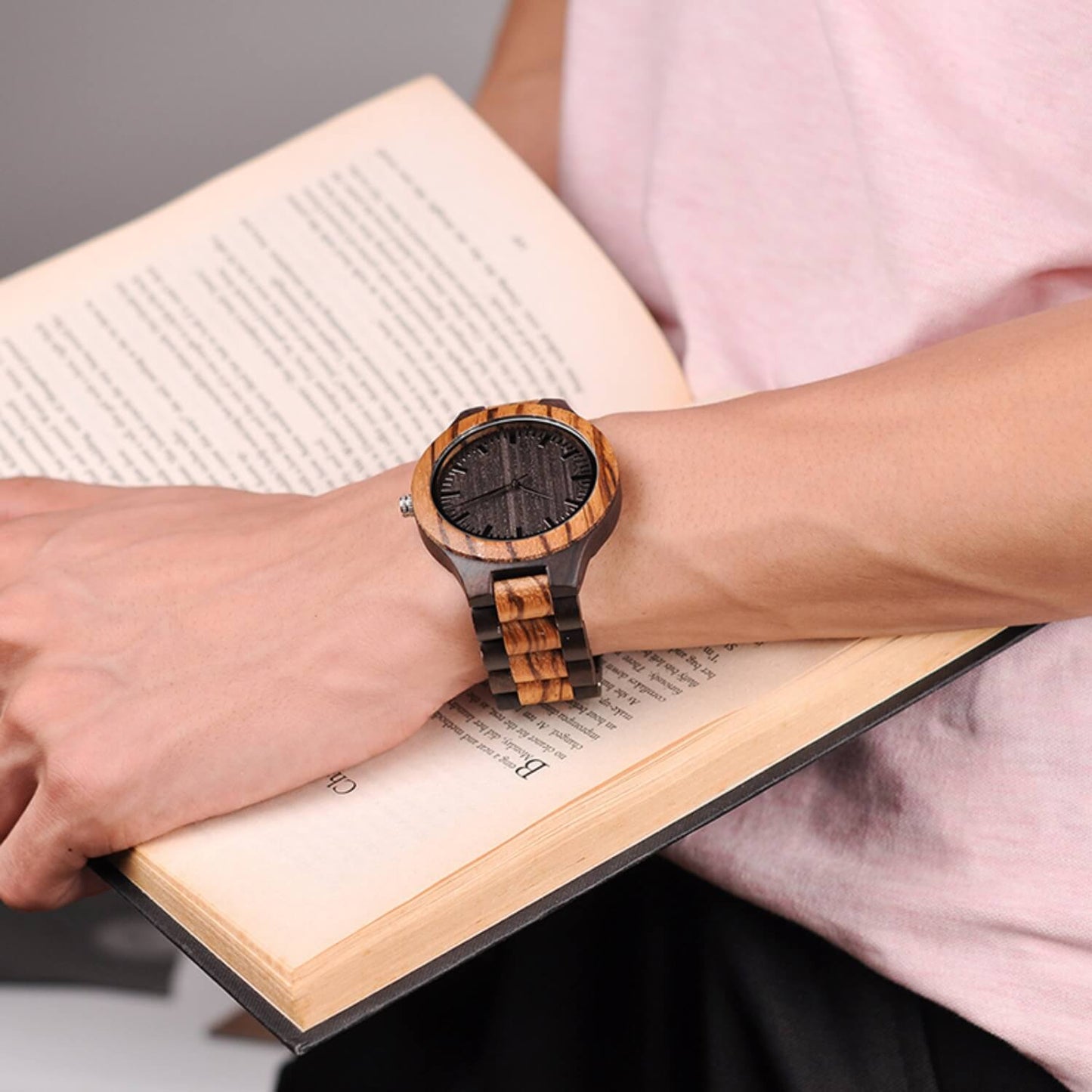 Boyfriend wearing Zen Mens Minimalist Wood Wrist Watch on his wrist