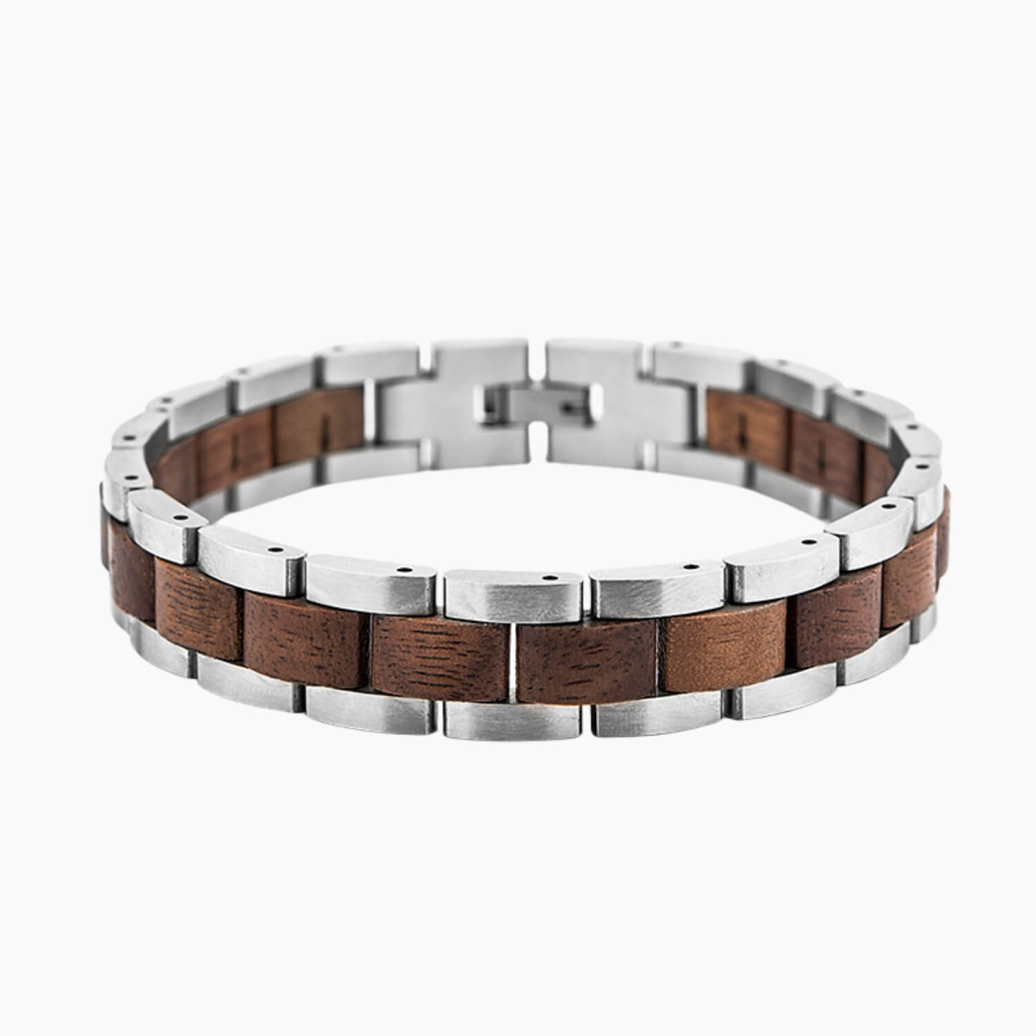 Bracelet with wooden and silver design on a white background