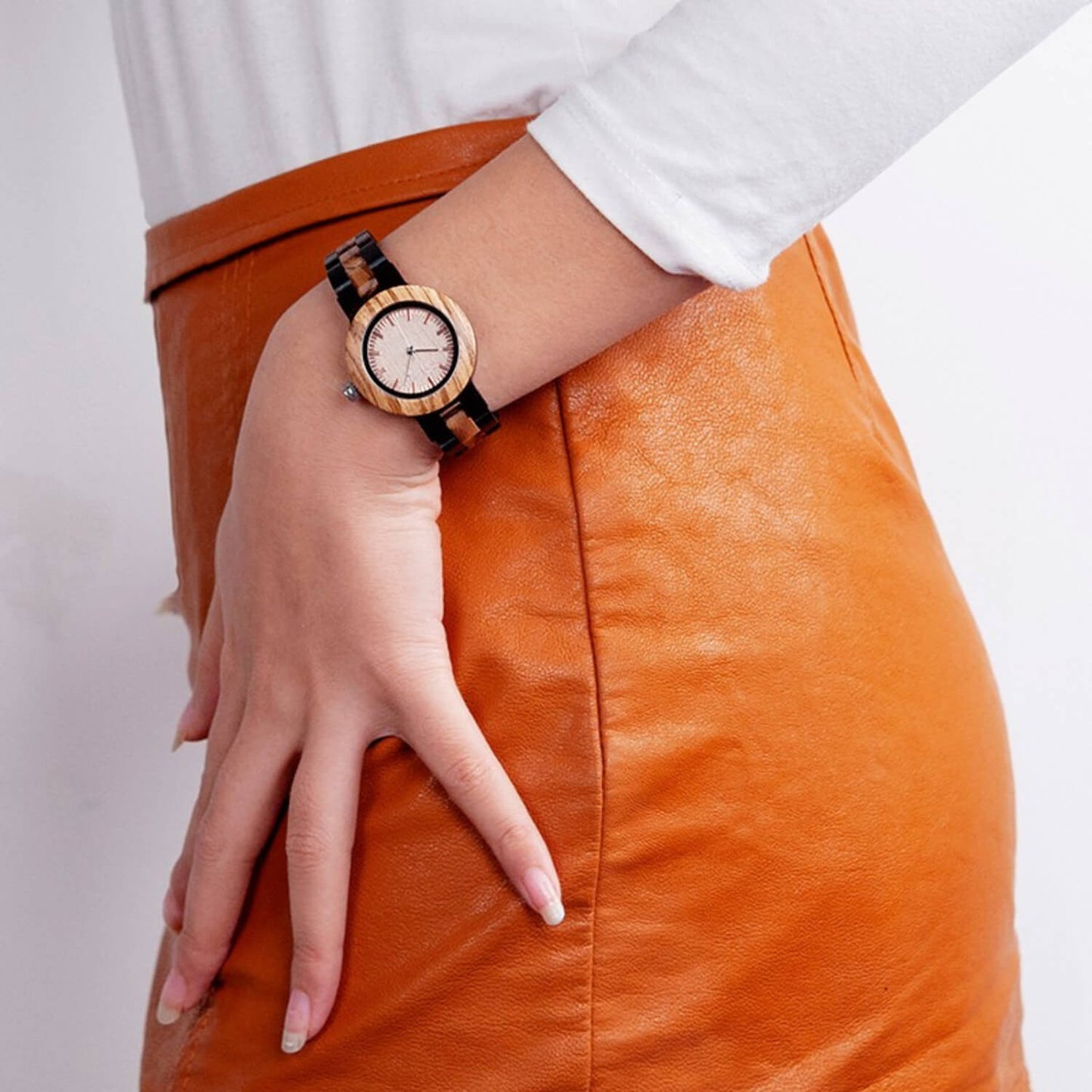 Woman wearing Zen Wood Minimalist Wrist Watch on her wrist