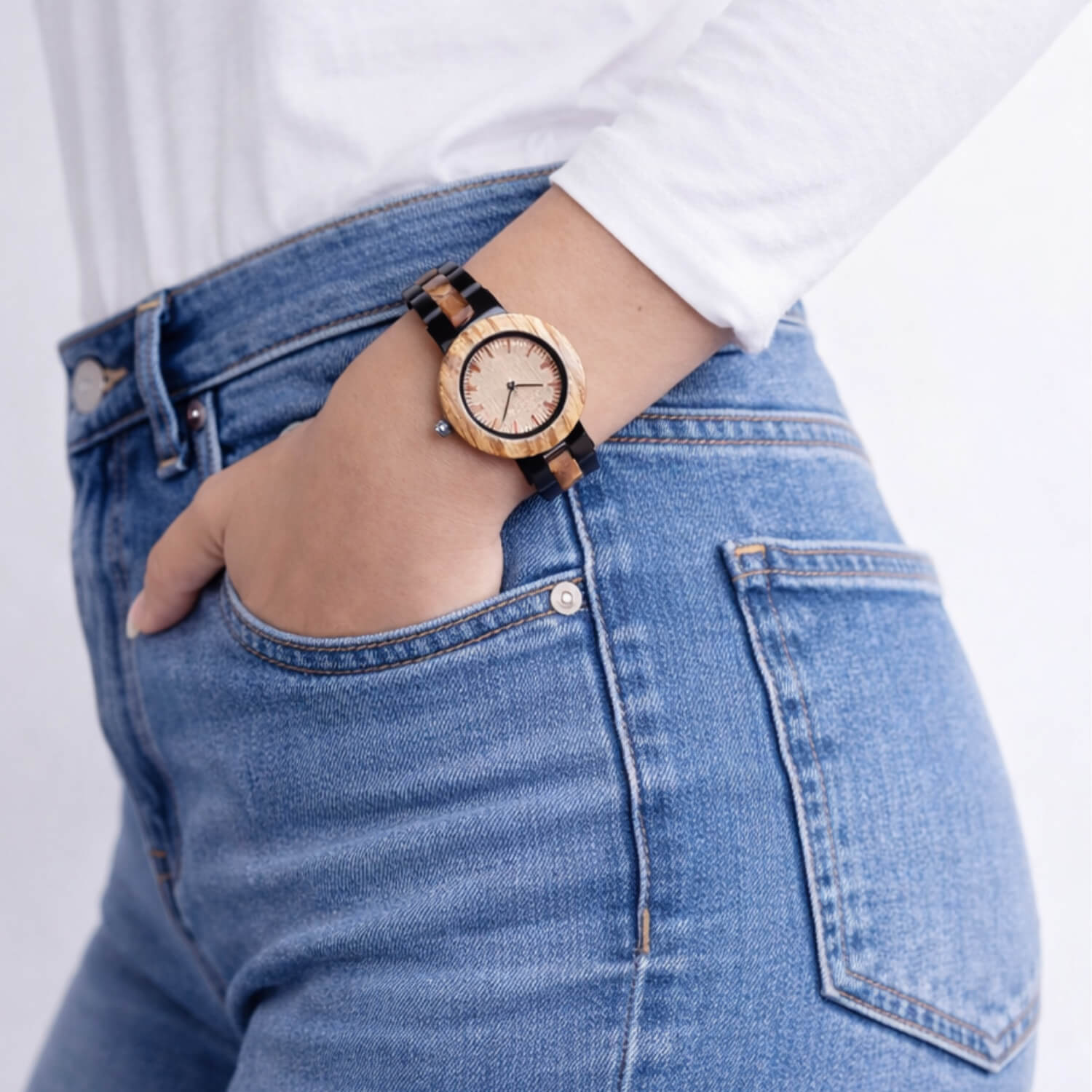 Woman wearing Zen Wood Minimalist Wrist Watch on her wrist