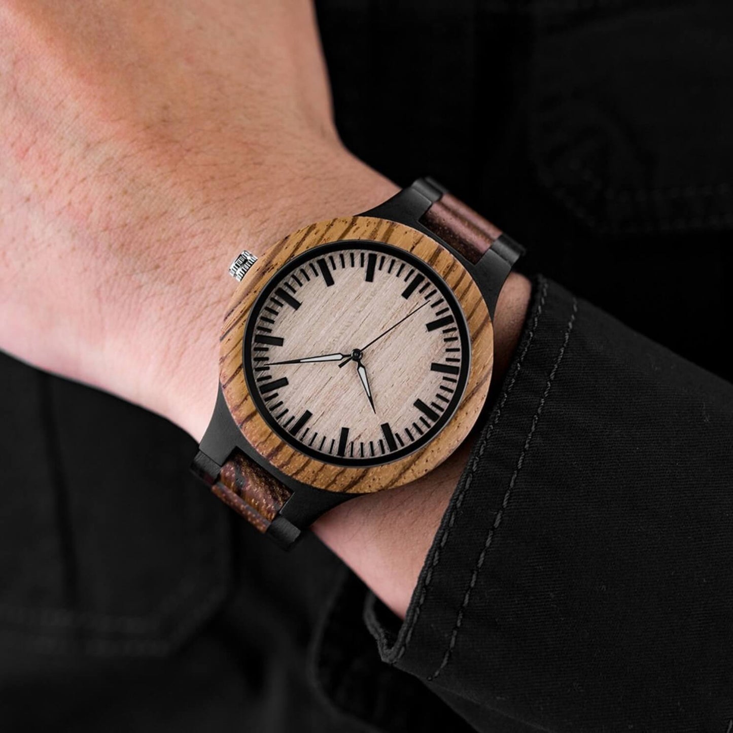 Husband wearing Zen 2 Mens Minimalist Wood Wrist Watch on his wrist